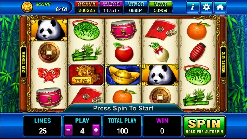 Fortune Panda slot on Play8oy with two pandas, a jade pendant, a drum, a red envelope, an orange, a coin, bamboo, an apple, a radish, a gold ingot and a WILD seal on a 5x4 grid, 25 lines, play 4, total play 100
