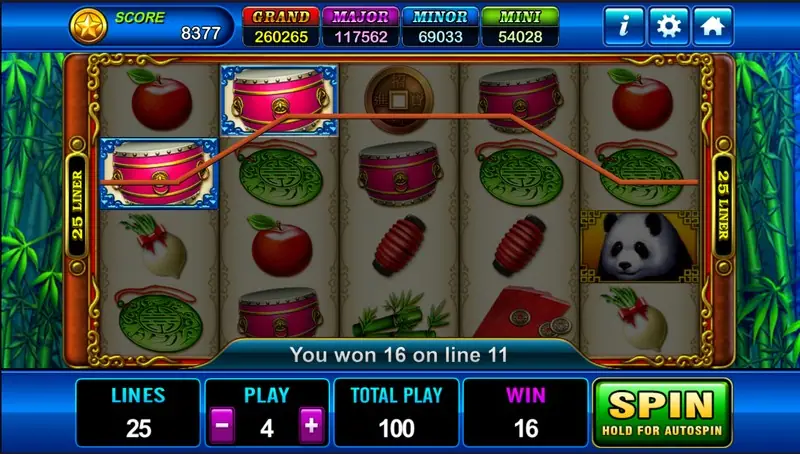 Fortune Panda with two red drums outlined on reels one and two along line 11, and a banner saying you won 16 on line 11