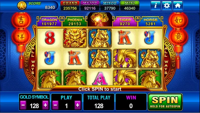 Fortune Tree slot on Play8oy with gold dragon, gold tigers, gold horses and a gold phoenix among card ranks, DRAGON, PHOENIX, TIGER and HORSE counters over the reels, gold symbol 128, play 1, total play 128