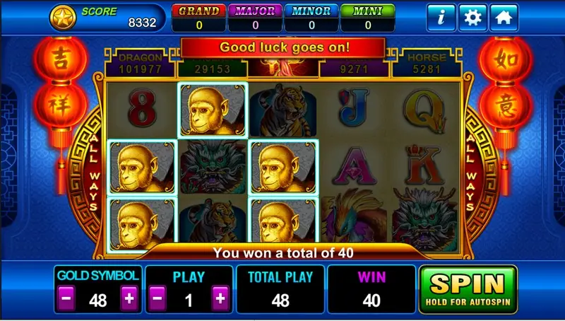Fortune Tree with five golden monkeys outlined across reels one to three at GOLD SYMBOL 48, a Good luck goes on banner and a win of 40