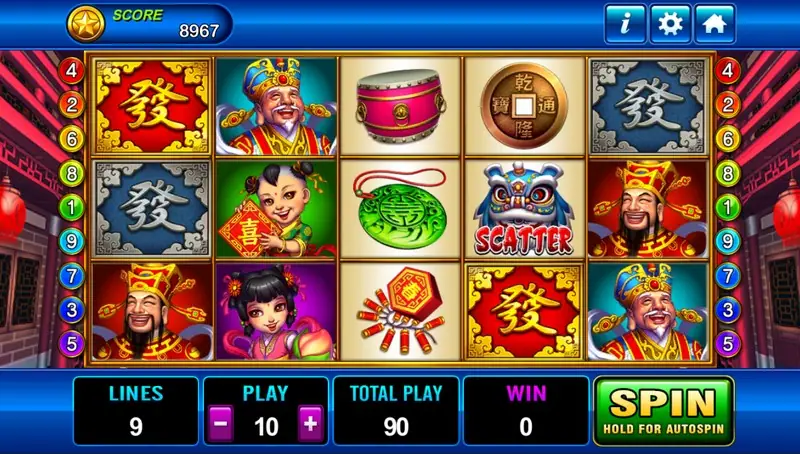God of Wealth slot on Play8oy with red and silver 發 tiles, three versions of the wealth god, a boy and a girl in festival dress, a drum, jade, firecrackers, a coin and a lion dance SCATTER on a 5x3 grid, lines 9, play 10, total play 90