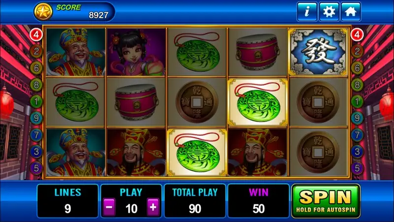 God of Wealth after a win of 50, with jade pendants lit on reels three and four and a silver 發 wild lit on reel five while the rest of the board is dimmed