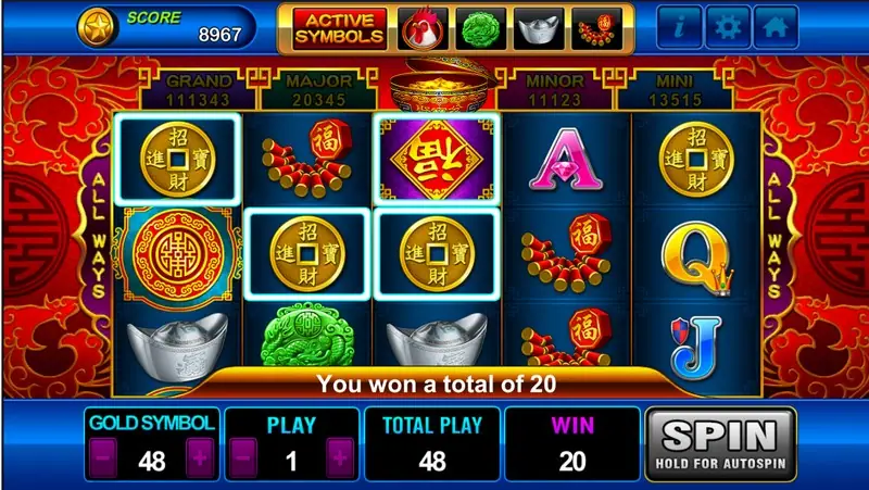 Golden Rooster after a small win, three gold coins outlined across reels one to three and a 福 tile on reel three, banner saying you won a total of 20