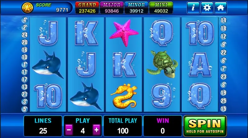 Grand Blue slot on Play8oy with bubbly blue card ranks, two sharks, a pink starfish, a sea turtle and a yellow seahorse on a 5x3 grid, lines 25, play 4, total play 100