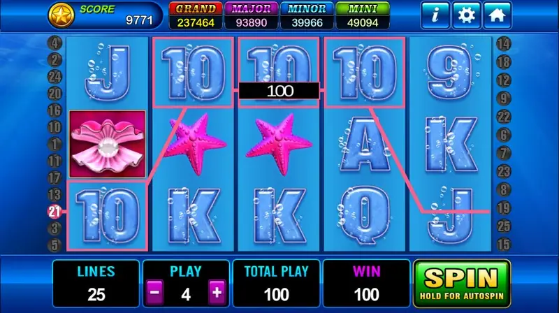 Grand Blue with four 10 symbols outlined in pink along line 21, a pearl clam on reel one and a 100 win tag in the middle