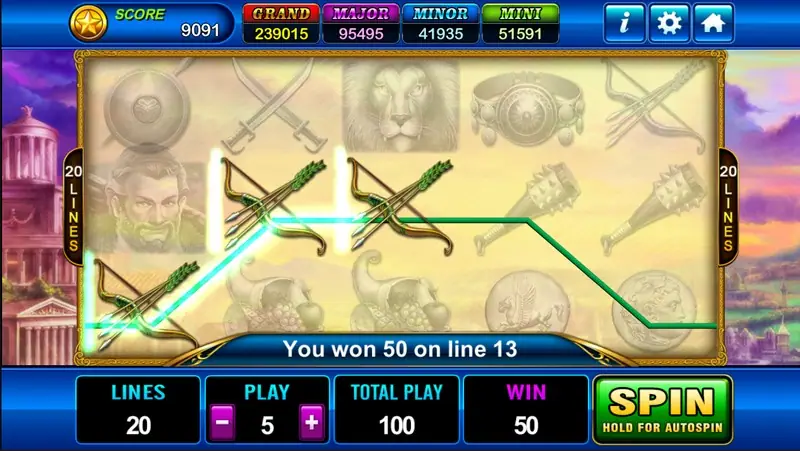 Hercules with the reels faded out and three bows lit along a green line, banner reading you won 50 on line 13