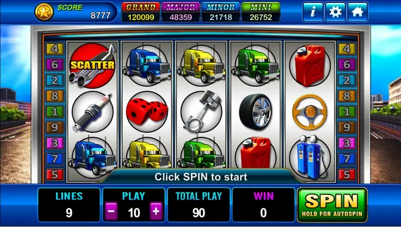 Highroad Kings slot on Play8oy with blue, yellow and green trucks, an exhaust pipe SCATTER, spark plug, dice, piston, tyre, fuel can, steering wheel and fuel pumps on a 5x3 grid, lines 9, play 10, total play 90