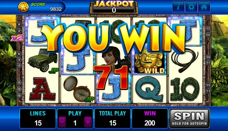 Laura mid-win with a large YOU WIN 71 banner over the reels, a gold mask WILD on reel four and small JP marks on a jeep and a compass