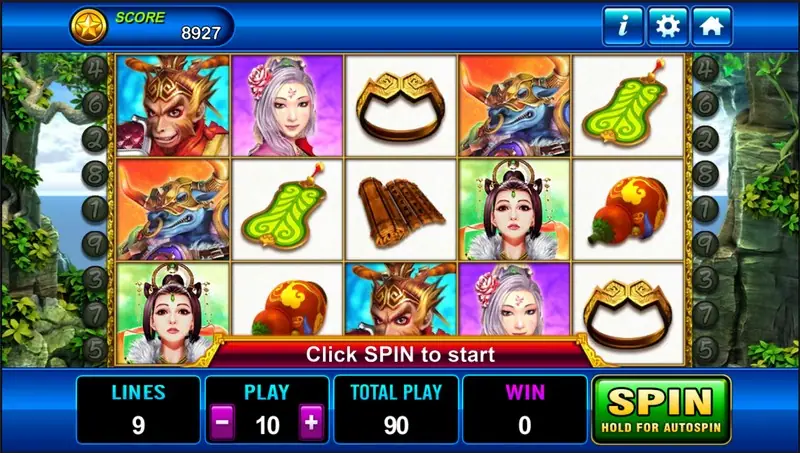 Monkey King slot on Play8oy with Sun Wukong, a horned bull demon, two women characters, a green gourd, a golden headband, bamboo scrolls and a red gourd on a 5x3 grid, lines 9, play 10, total play 90