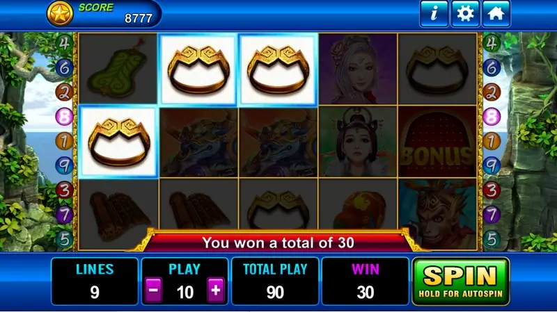 Monkey King after a win, three golden headbands lit on the top rows of reels 1 to 3 and a banner saying you won a total of 30
