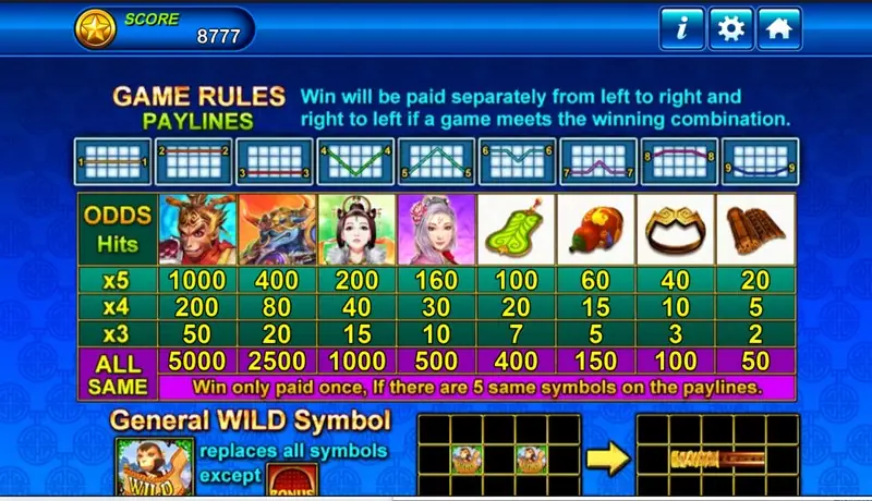 Monkey King game rules screen with nine payline diagrams, an odds table with x5, x4, x3 and ALL SAME rows, and the General WILD Symbol note