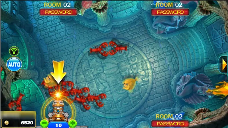 Ocean King 2 EX Club table with a school of red lobsters, a yellow arrow pointing at your cannon at the bottom, bet 10 and a small AUTO button, and ROOM 02 PASSWORD labels at the other three seats