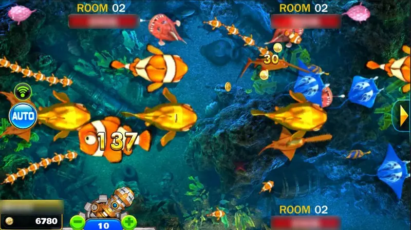 Ocean King 2 EX Club on Play8oy, an underwater scene full of clownfish, golden fish, manta rays and a sawfish, a 137 catch number over one fish, your cannon at the bottom with bet 10, an AUTO button on the left and ROOM 02 labels at the other seats