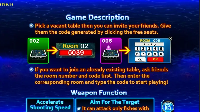 Ocean King 2 EX Game Description explaining how to pick a vacant table and share a room code, with a keypad for entering a code, and the start of the Weapon Function section