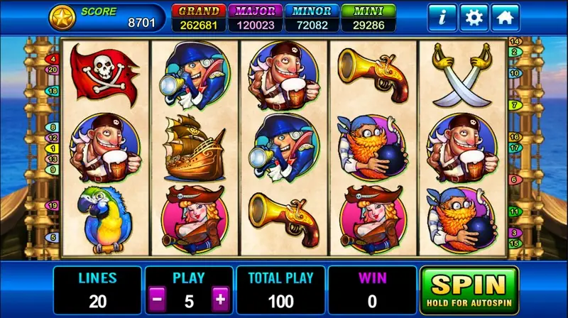 Pirate slot on Play8oy with cartoon pirates, a parrot, a galleon, a skull-and-crossbones flag, flintlock pistols and crossed swords on a 5x3 grid, lines 20, play 5, total play 100