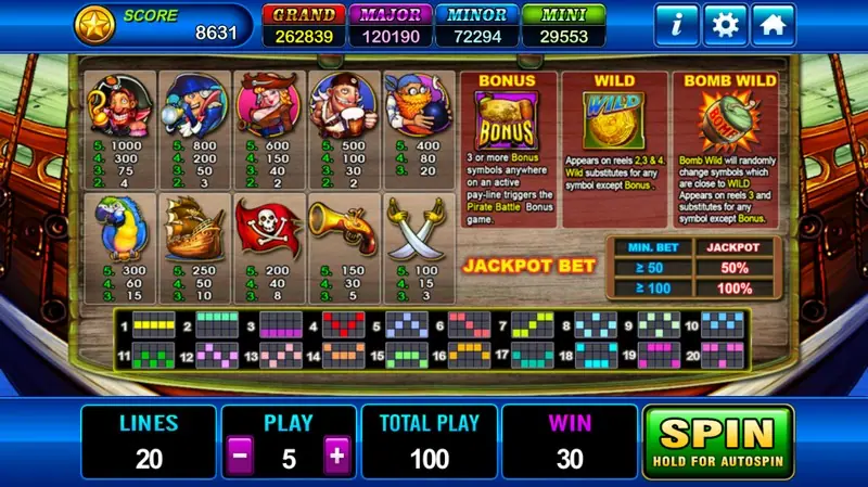 Pirate paytable with symbol payouts on the left, the BONUS, WILD and BOMB WILD rules on the right, the Jackpot Bet table and all 20 payline diagrams