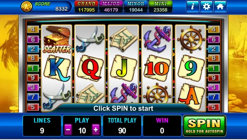 Pirate Treasure slot on Play8oy with a treasure chest SCATTER, cutlasses, maps, anchors and ship's wheels above K, Q, J, 10, 9 and A cards, lines 9, play 10, total play 90