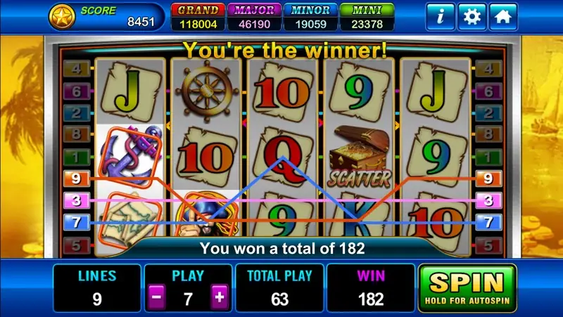 Pirate Treasure after a win, with lines 9, 3 and 7 drawn across the reels and a banner saying you won a total of 182