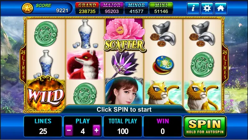 Queens slot on Play8oy with a flaming WILD on reel one, a pink peony SCATTER, a queen portrait, a red fox and a golden lion-cat on a 5x3 grid, lines 25, play 4, total play 100