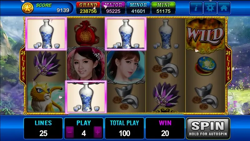 Queens reels after a spin with three porcelain vases outlined in pink and WIN 20 in the bet panel