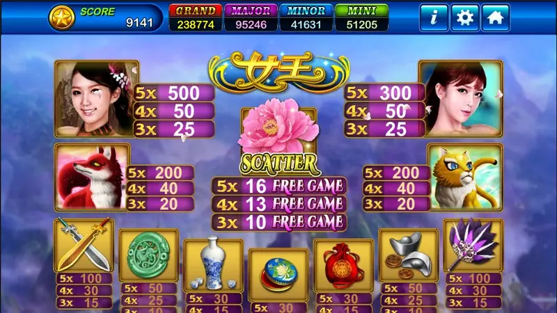 Queens paytable with the two queen portraits at the top, the peony SCATTER in the middle with 10, 13 and 16 free games, and the smaller symbols below