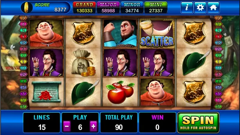 Robin Hood slot on Play8oy with a friar, a waving man in purple, a sheriff badge, money bags, green feathered hats and red apples, jackpot boxes above