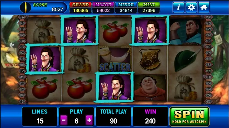 Robin Hood win of 240 with four purple-coated characters framed in blue boxes across the reels