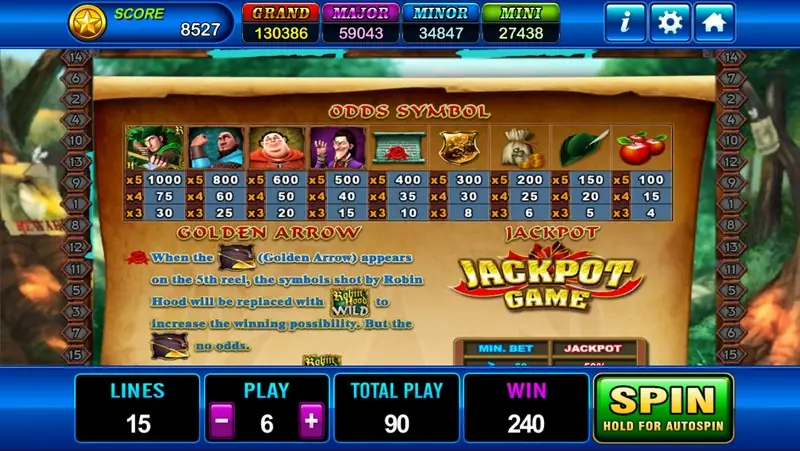 Robin Hood paytable with odds for nine symbols, the Golden Arrow rule and a JACKPOT GAME panel