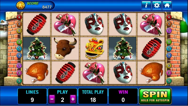 Seasons Greeting slot with red paper lanterns, a heart with roses, masquerade masks, a Christmas tree, a bull head, a lion-dance head and roast chicken
