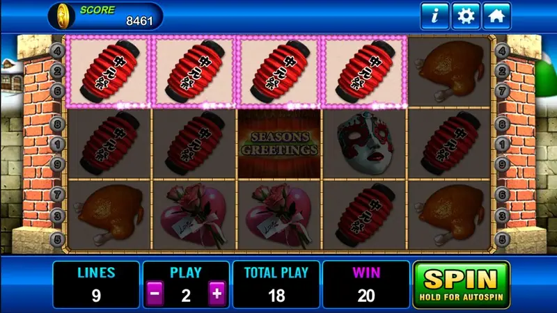 Seasons Greeting win with four red lanterns lined up on the top row and a Seasons Greetings logo tile in the middle, WIN 20