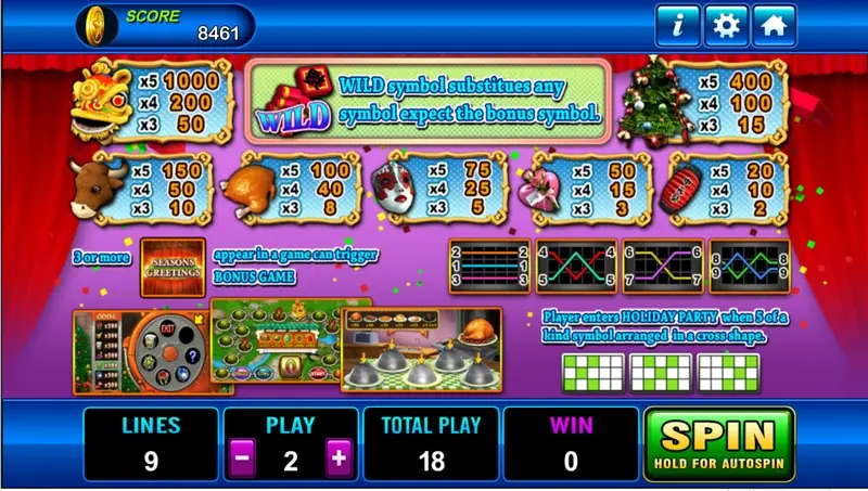 Seasons Greeting paytable with the lion-dance head WILD note, symbol values, line diagrams and a bonus section on a red and purple background