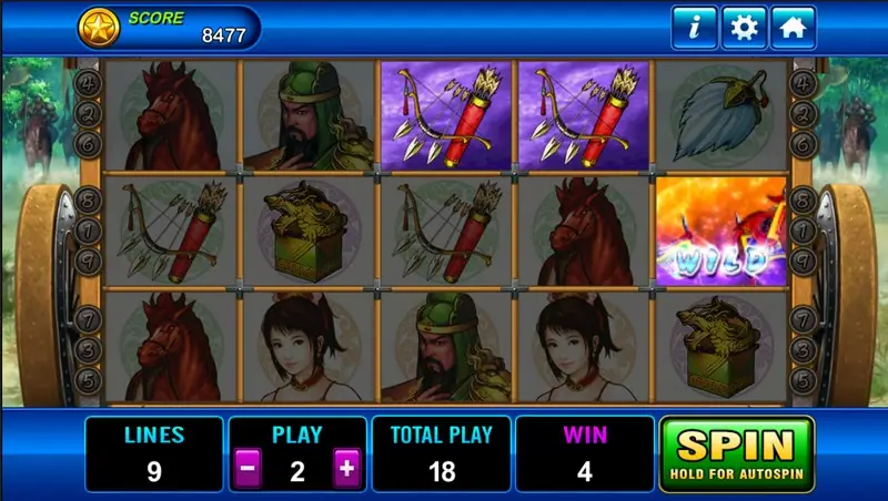 Three Kingdom reels dimmed after a small win, with a single WILD flag lit on the right and WIN showing 4