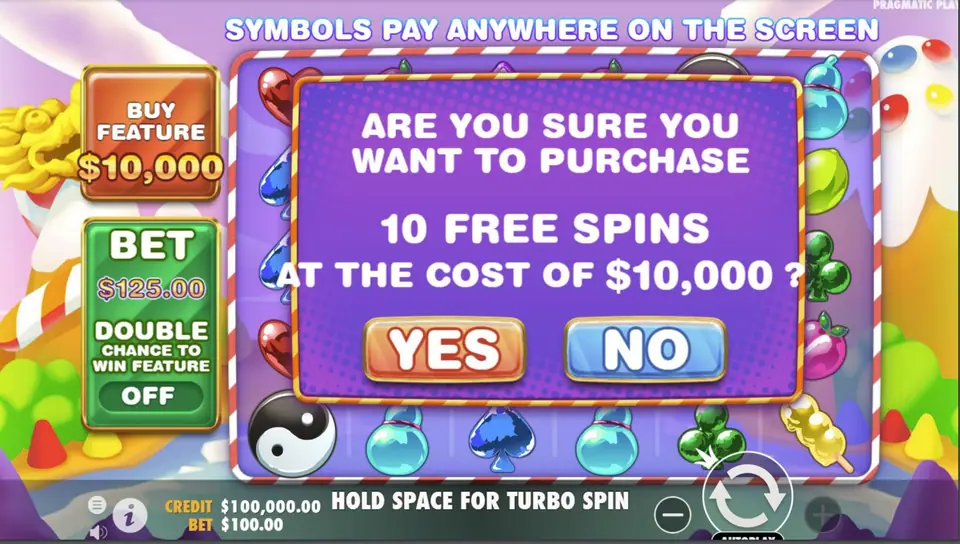 Confirmation popup asking Are you sure you want to purchase 10 free spins at the cost of 10,000, with YES and NO buttons