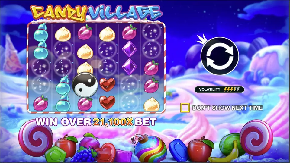 Candy Village splash with the volatility meter and a sweet-covered grid over a snowy candy landscape