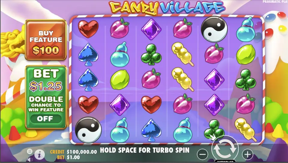 Candy Village base game: a 6 by 5 grid of candy hearts, spades, clovers, peaches and yin-yang scatters, with Buy Feature 100 and Bet 1.25 Double Chance boxes on the left