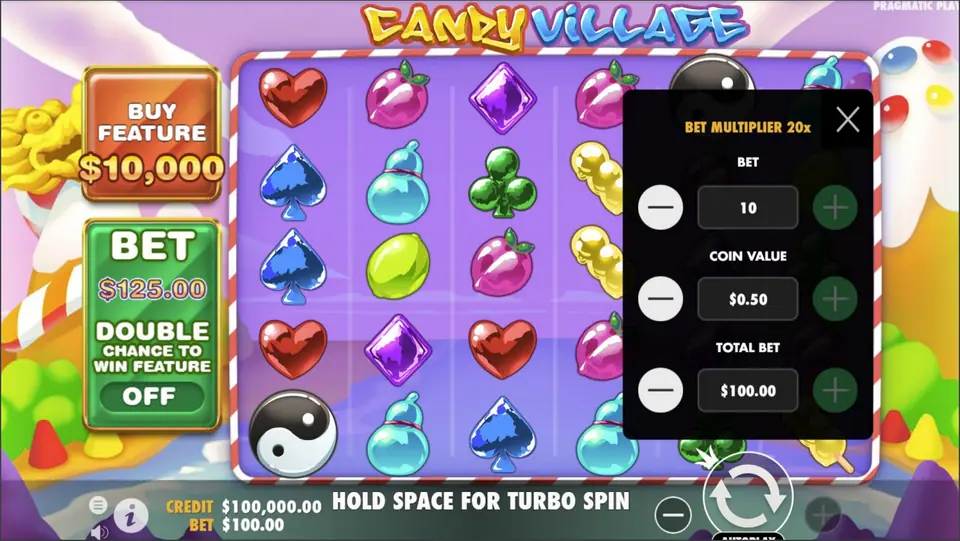 Bet menu open with Bet Multiplier 20x, bet 10, coin value 0.50 and total bet 100.00