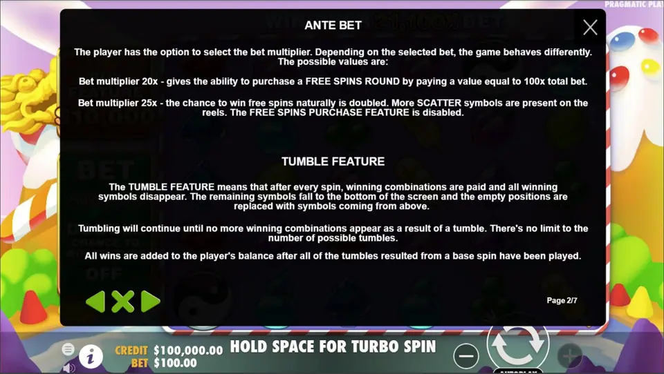 Ante Bet and Tumble Feature rules page