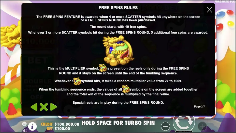 Free Spins Rules page showing the golden multiplier symbol with a 100x ball and the text on 2x to 100x values