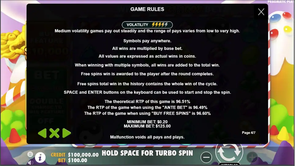 Game rules page: medium volatility, symbols pay anywhere, RTP 96.51%, ante 96.49%, buy 96.60%, minimum bet 0.20, maximum 125.00