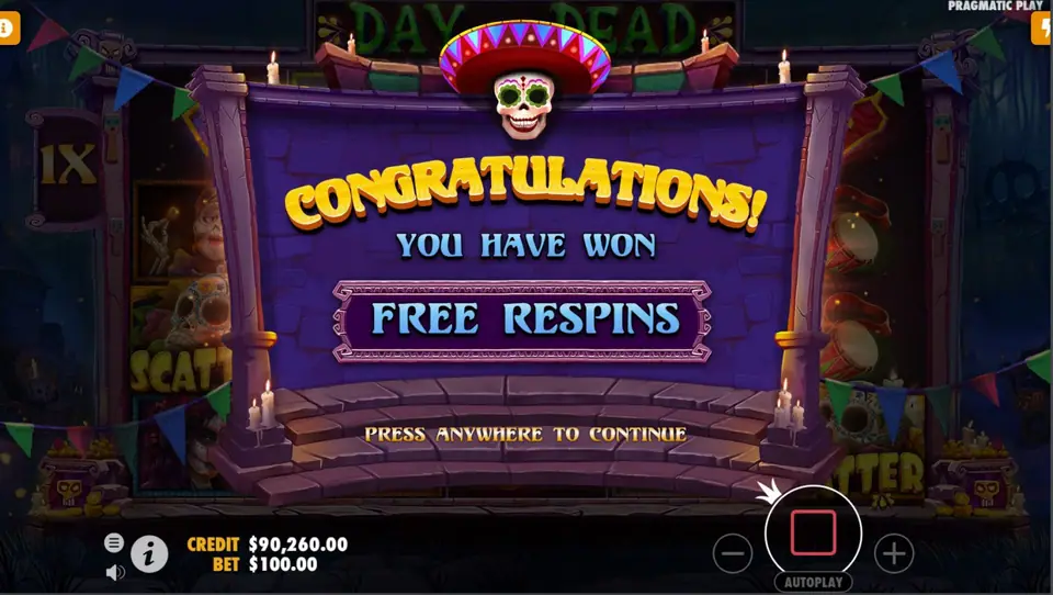 Congratulations banner reading You have won Free Respins over the Day of Dead reels