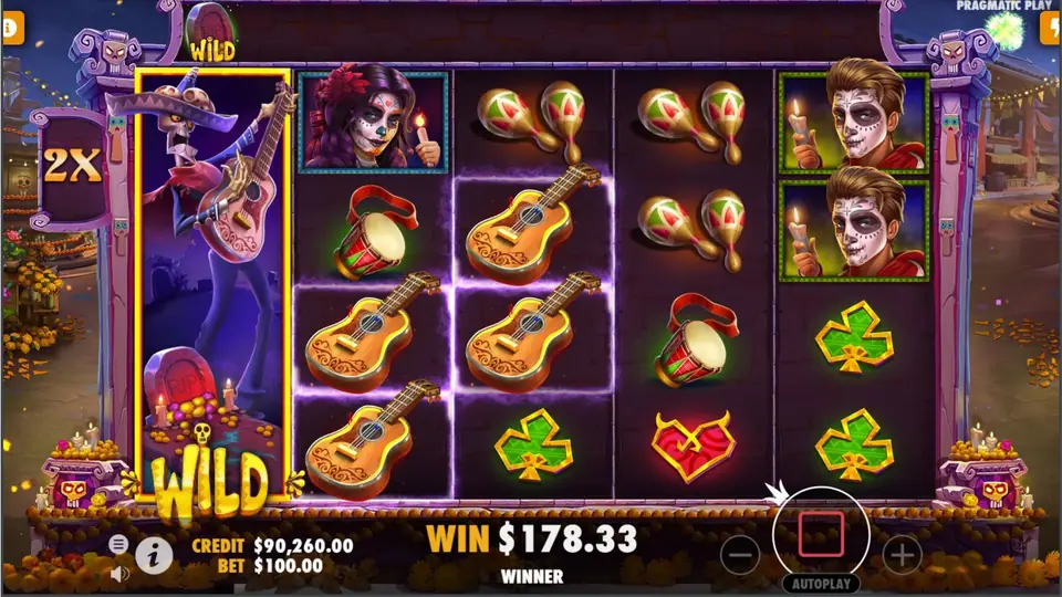 An expanded wild with a skeleton guitarist filling reel 1 during free respins, with a 2X multiplier on the left