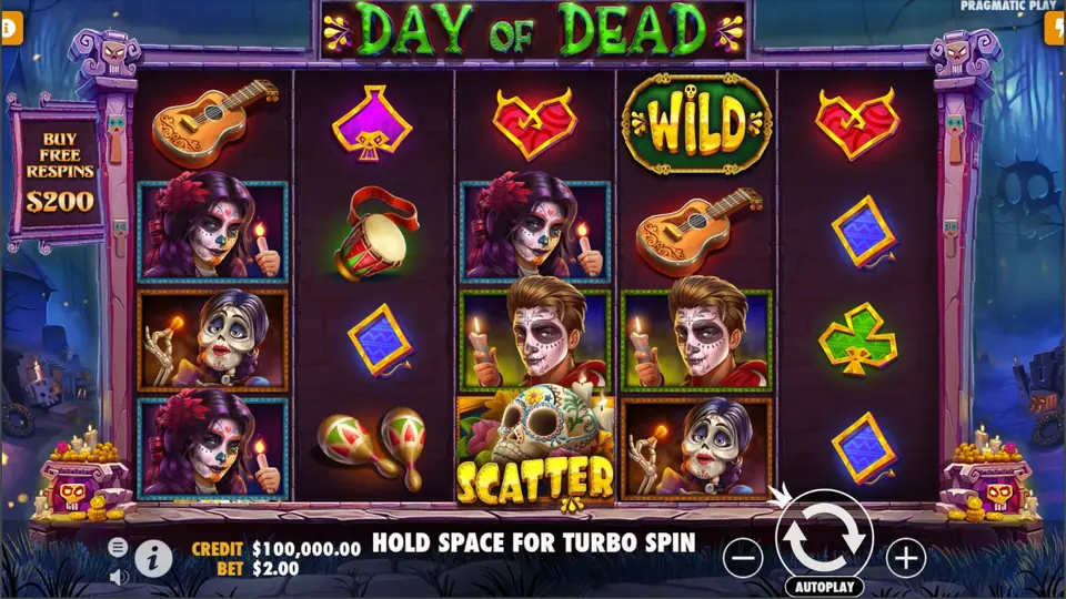 Day of Dead base game: 5 by 4 reels of guitars, maracas, painted skull faces, a green WILD and a skull SCATTER, with a Buy Free Respins box on the left