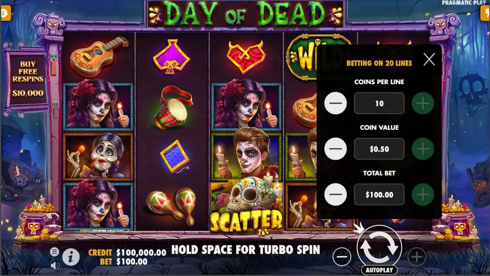 Bet popup over the Day of Dead reels showing Betting on 20 lines, coins per line 10, coin value 0.50 and total bet 100.00