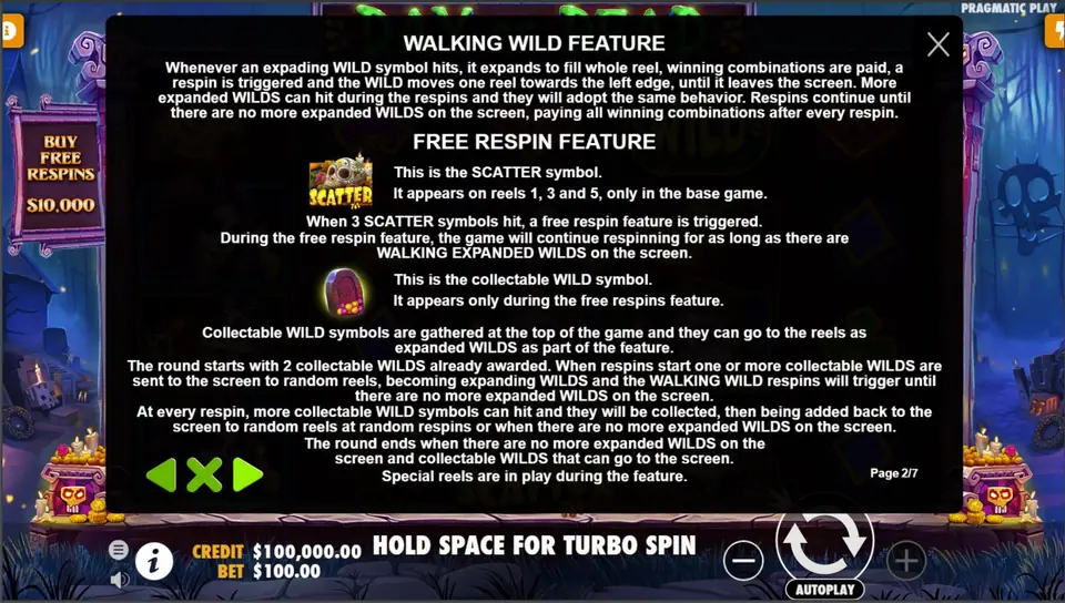 Walking Wild Feature and Free Respin Feature rules page with the scatter and a collectable wild ball icon