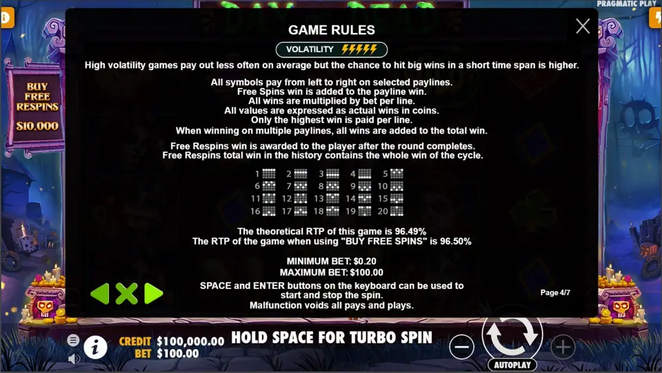 Day of Dead game rules page with five volatility bolts, 20 payline diagrams, RTP 96.49% and bet limits