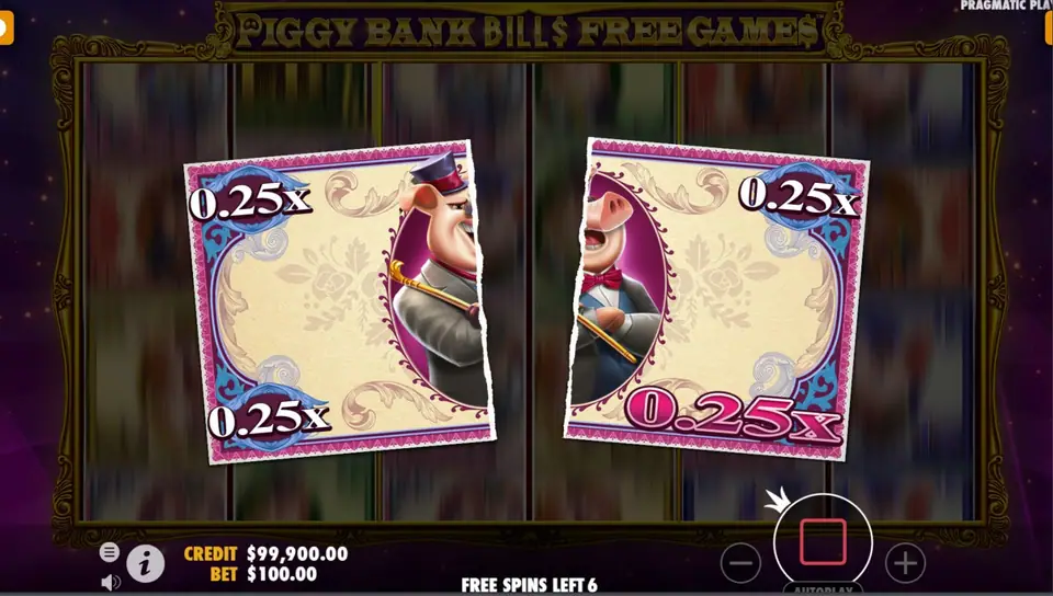 Free games screen with two half notes carrying 0.25x multipliers joined in the middle of the reels