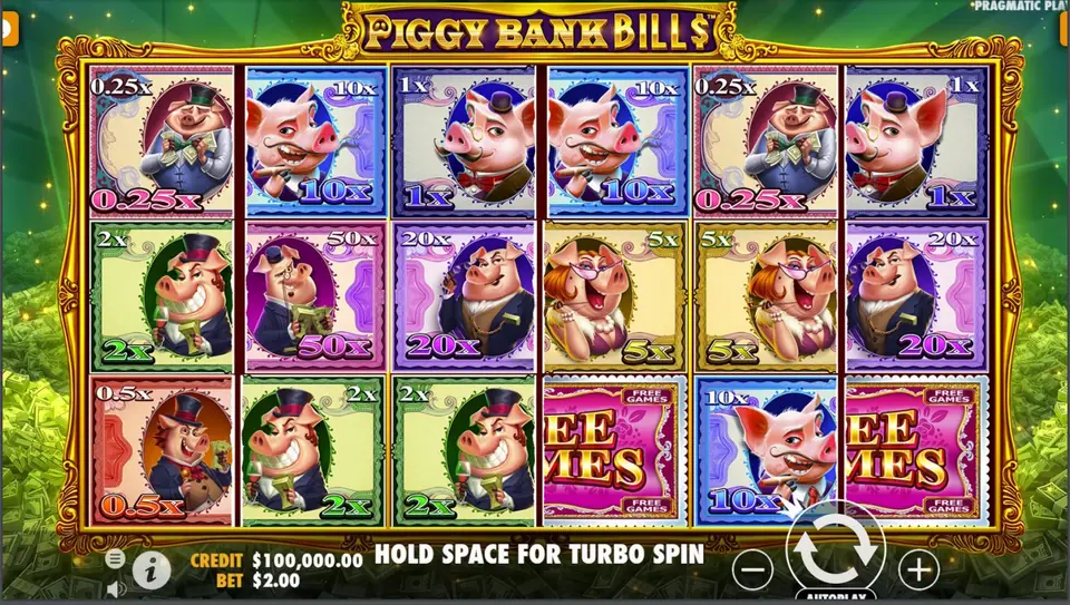 Piggy Bank Bills base game: six reels of half banknotes printed with cartoon pigs in top hats, values like 0.25x, 2x, 10x and 50x in the corners, and two FREE GAMES halves