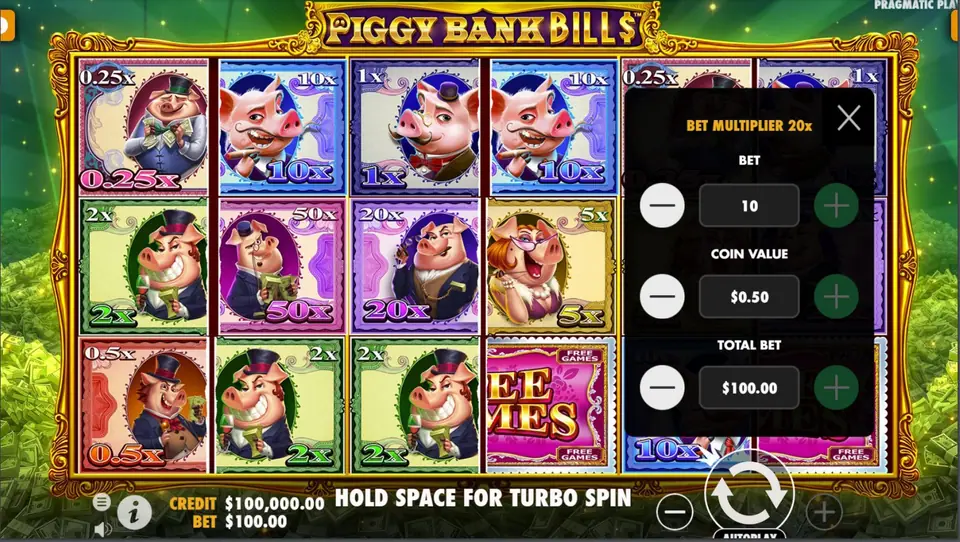Bet menu with Bet Multiplier 20x, bet 10, coin value 0.50 and total bet 100.00 over the reels