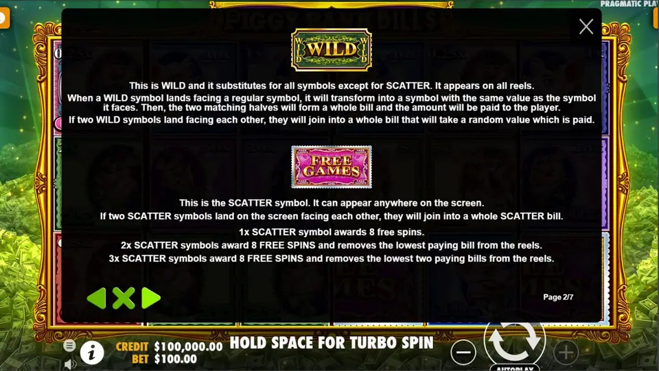 Rules page for the WILD bill and the pink FREE GAMES scatter bill