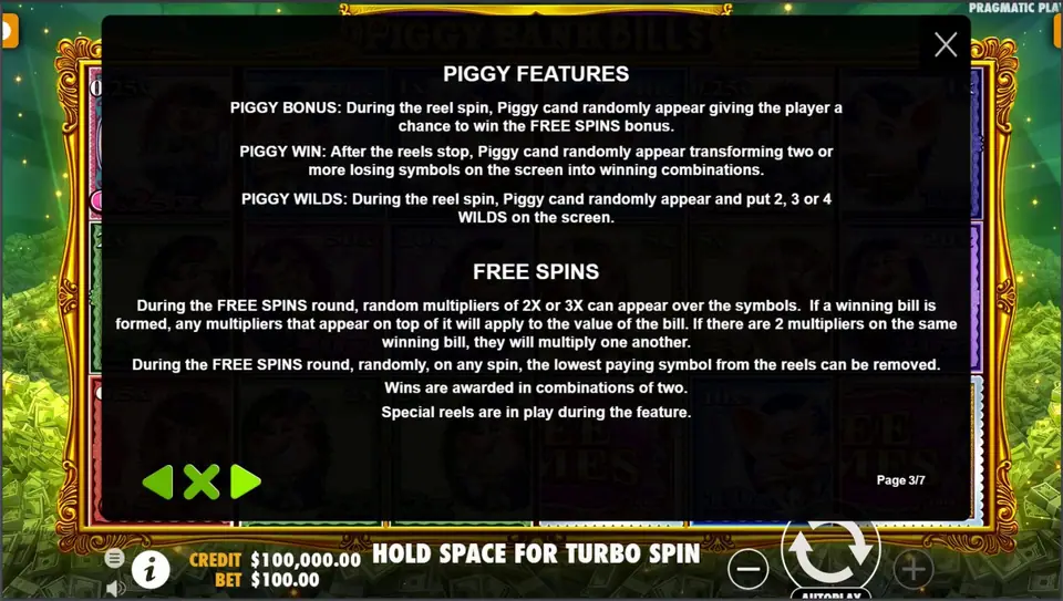 Piggy Features and Free Spins rules page